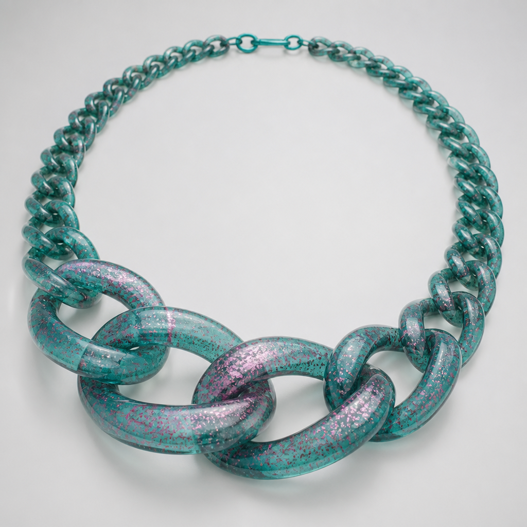 A women's necklace. create a chunky Cuban Link style plastic chain that is o graduated and exaggerated in the first front three links that is translucent a base color of living that teal and speckled with metalic pink
photorealistic jewelry design, A women's necklace. create a chunky Cuban Link style plastic chain that is o graduated and exaggerated in the first front three links that is translucent a base color of living that teal and speckled with metalic pink, modern style, just the design no text