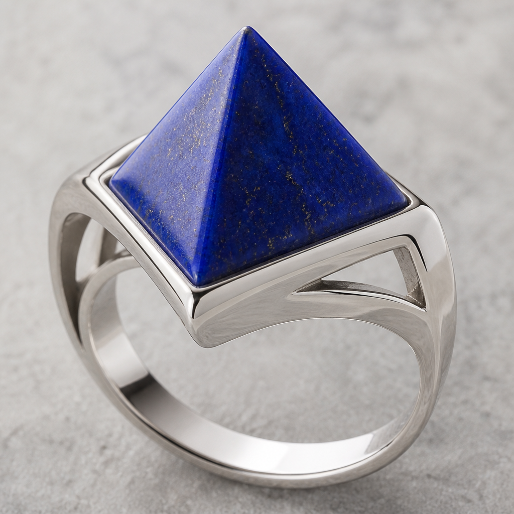 A women's ring. un anillo en plata con una piedra lapislázuli
en forma de pirámide
photorealistic jewelry design, A women's ring. un anillo en plata con una piedra lapislázuli
en forma de pirámide, modern style, just the design no text