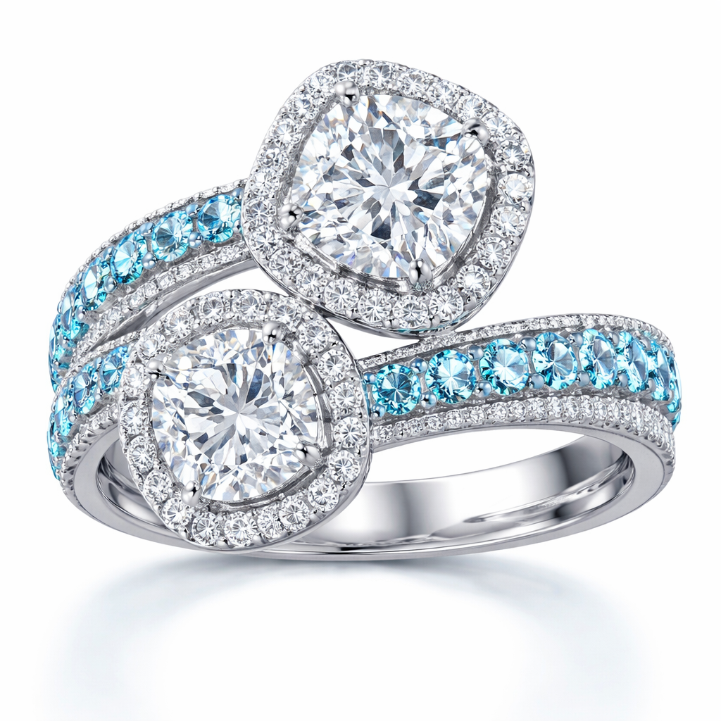 Ring with 2 cushion cut diamonds each one has a halo surround, on a little smaller than the other, add 2 aquamarine bands, change the band placement