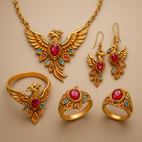 A full Ruby jewelry set including bracelet, earrings and rings with at least 10 citrine and topaz inlays with phoenix themes and an omega necklace