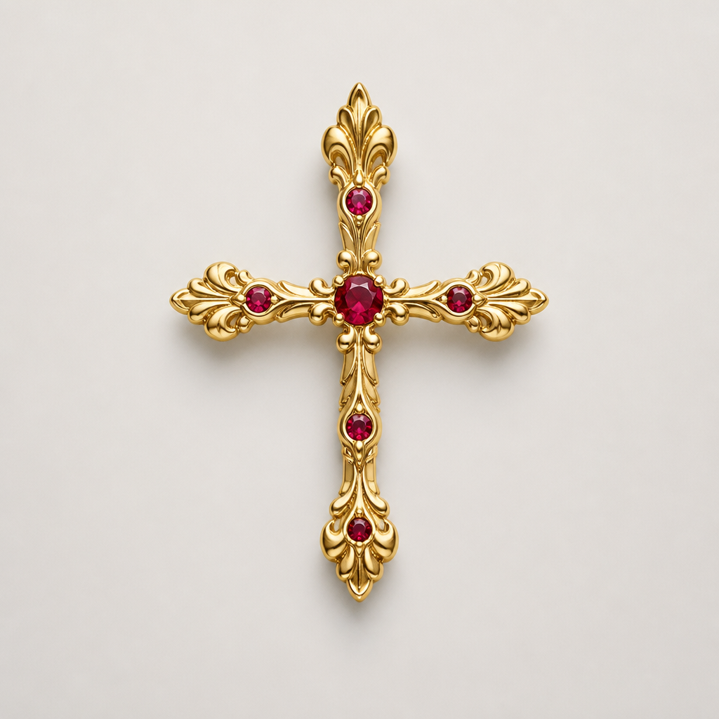Dainty and feminine Gold cross with rubies, majority gold . Hidden bail
photorealistic jewelry design, Dainty and feminine Gold cross with rubies, majority gold . Hidden bail, bespoke style, just the design no text