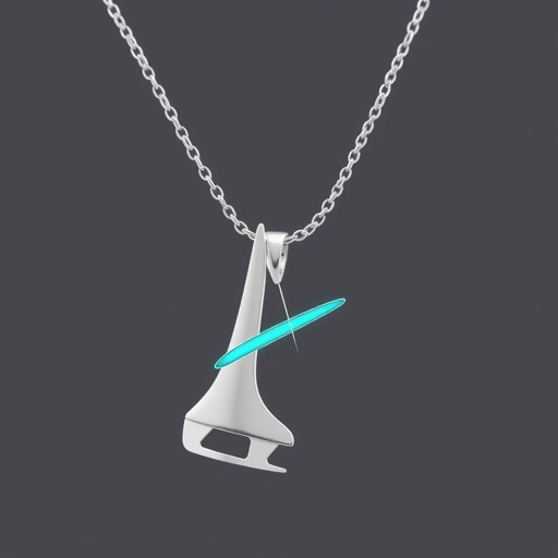 Silver neck less with stylized figure skating’s blades only (no skates) with a stripe of turquoise
