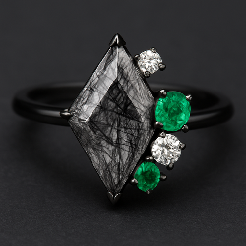 Kite cut Black rutilated quartz with emerald and moissanite accent stones in a cluster on a black band