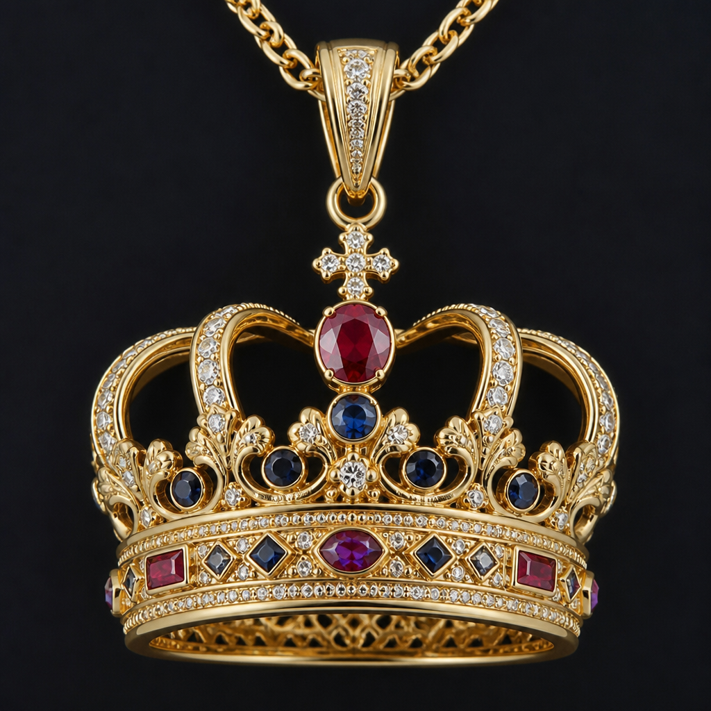 A classic men's pendant made of gold with diamond and ruby and sapphire stones. crown
photorealistic jewelry design, A classic men's pendant made of gold with diamond and ruby and sapphire stones. crown, classic style, just the design no text
