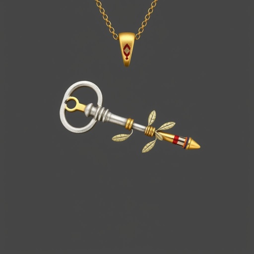 Old skeleton key shape gold and silver tones with olive branch turning on leg and keffieh print on the tip