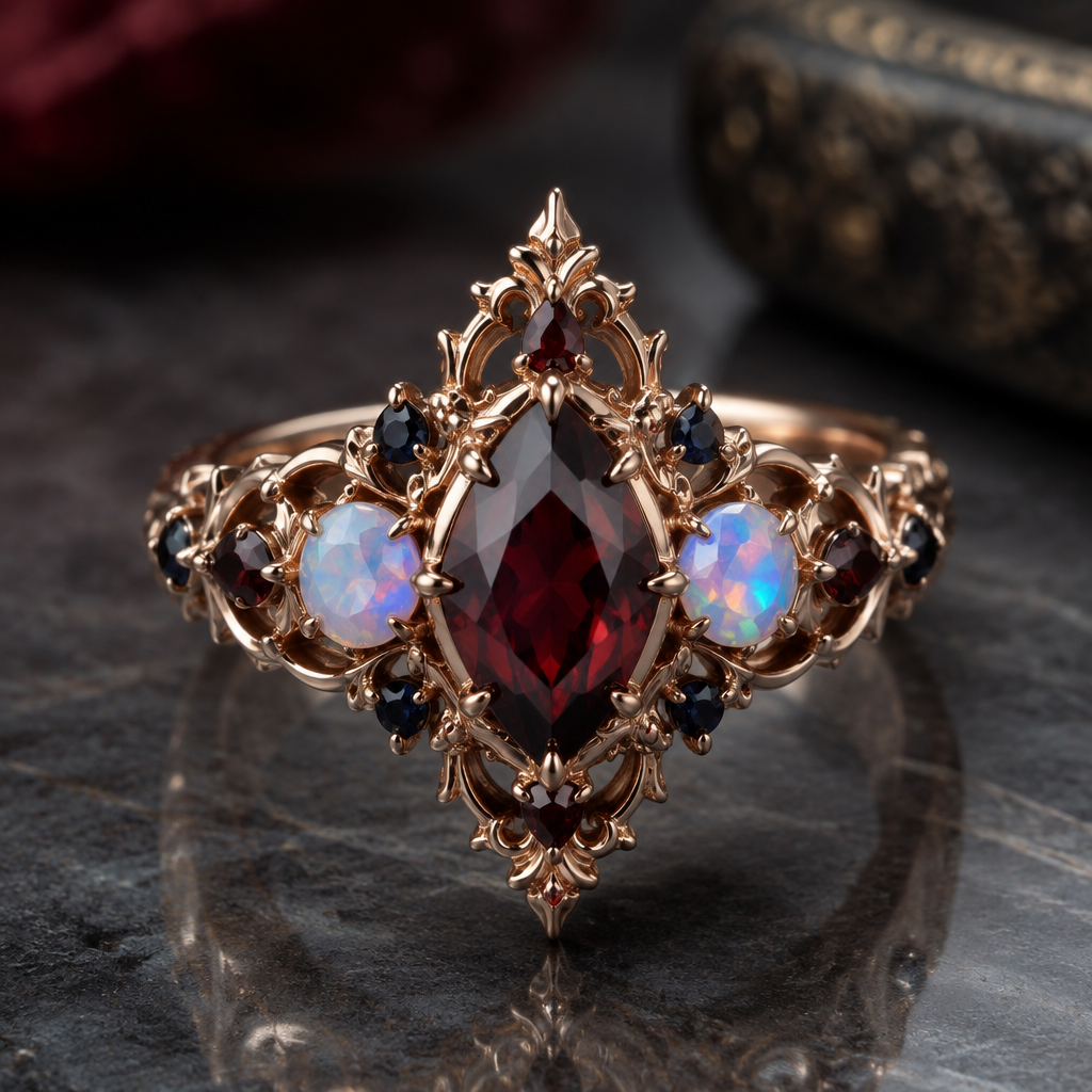 A gothic women's ring made of rose gold with garnet and opal and sapphire stones suitable for engagement
photorealistic jewelry design, A gothic women's ring made of rose gold with garnet and opal and sapphire stones suitable for engagement, gothic style, just the design no text