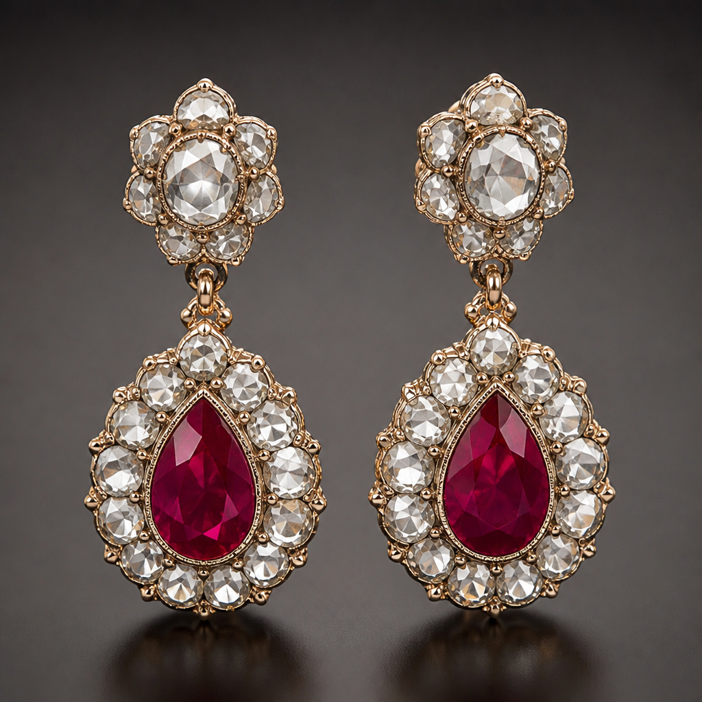 Rose cut diamonds and Ruby earrings
photorealistic jewelry design, Rose cut diamonds and Ruby earrings
, classic style, just the design no text