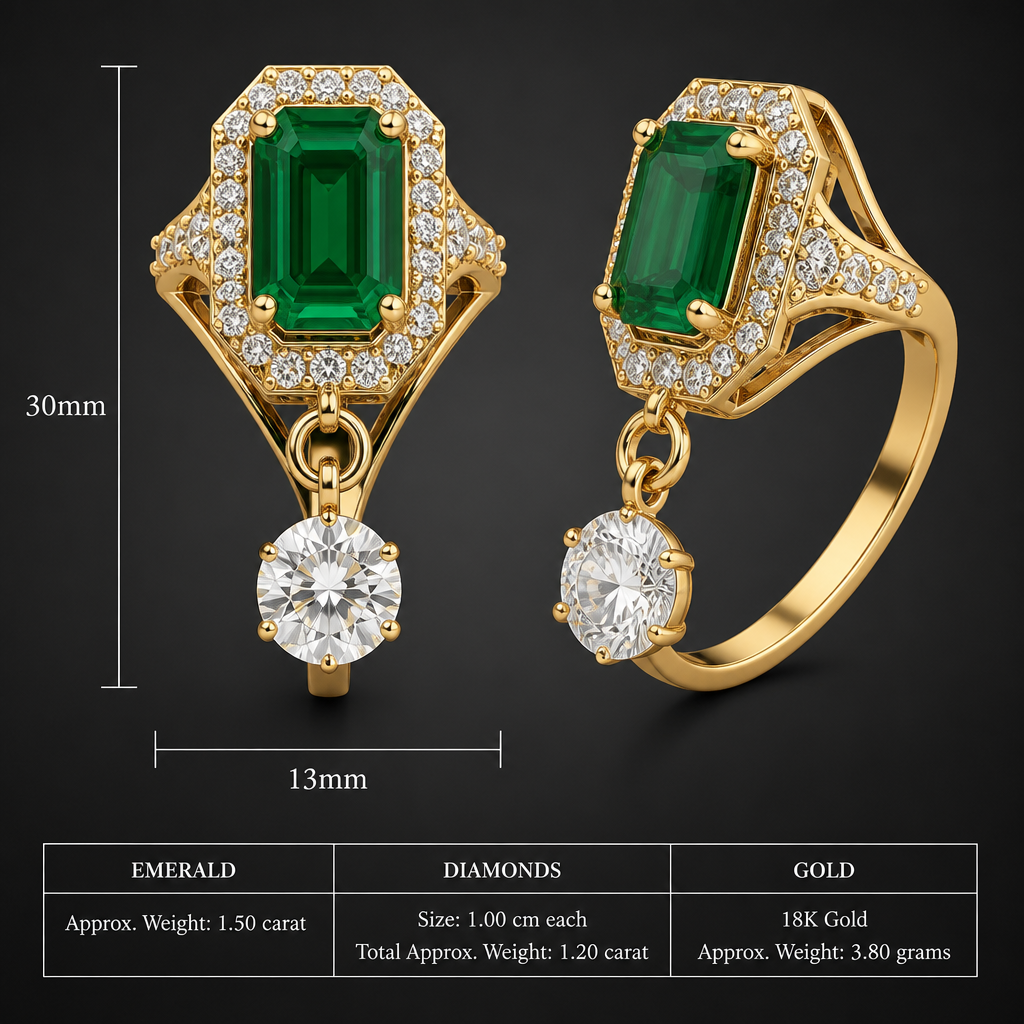 A women's ring made of gold. اريد اجراء تعديل علي هذا الحلق بأضافة حجر ماس اخر تحت حجر الماس الموجود عن طريق حلقة صغيرة تربط الحجرين لتكون حر الحركة مع الحفاظ علي باقي التفاصيل دون تغير و يكون طول الحلق كامل ٣٠ و عرضه ١٣ مل و اريد ان تشمل الصورة هذه الابعاد مكتوبة مع الوزن التقريبي لحجر الزمرد و حجم الالماظ اذا كان كل حجر ١ سنتيم ووزن الذهب التقريبي من الذهب عيار ١٨
photorealistic jewelry design, A women's ring made of gold. اريد اجراء تعديل علي هذا الحلق بأضافة حجر ماس اخر تحت حجر الماس الموجود عن طريق حلقة صغيرة تربط الحجرين لتكون حر الحركة مع الحفاظ علي باقي التفاصيل دون تغير و يكون طول الحلق كامل ٣٠ و عرضه ١٣ مل و اريد ان تشمل الصورة هذه الابعاد مكتوبة مع الوزن التقريبي لحجر الزمرد و حجم الالماظ اذا كان كل حجر ١ سنتيم ووزن الذهب التقريبي من الذهب عيار ١٨, modern style, just the design no text