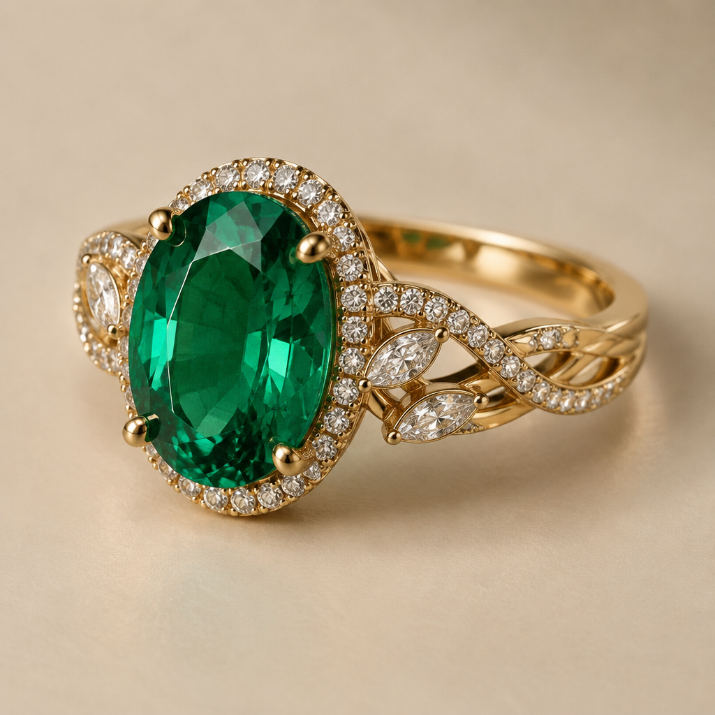A women's ring. Luxury 3D gold ring with a large oval emerald gemstone, delicate diamond details, elegant feminine design, realistic gold reflections, premium jewelry product photography, beige background
photorealistic jewelry design, A women's ring. Luxury 3D gold ring with a large oval emerald gemstone, delicate diamond details, elegant feminine design, realistic gold reflections, premium jewelry product photography, beige background, modern style, just the design no text