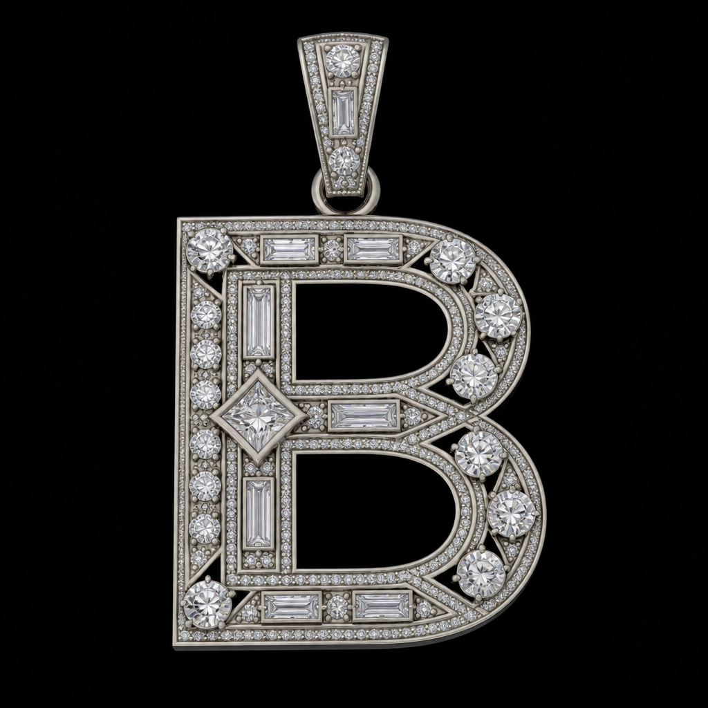 Create me a B script pendant using a small princess cut square diamond, 10 small round diamonds, 6 small rectangle baguette diamonds, 26 sand grain diamonds and 8 slightly larger rounds diamonds that increase by 0.1 in size in pairs of 2 from the sand grain diamonds
photorealistic jewelry design, Create me a B script pendant using a small princess cut square diamond, 10 small round diamonds, 6 small rectangle baguette diamonds, 26 sand grain diamonds and 8 slightly larger rounds diamonds that increase by 0.1 in size in pairs of 2 from the sand grain diamonds, geometric style, just the design no text