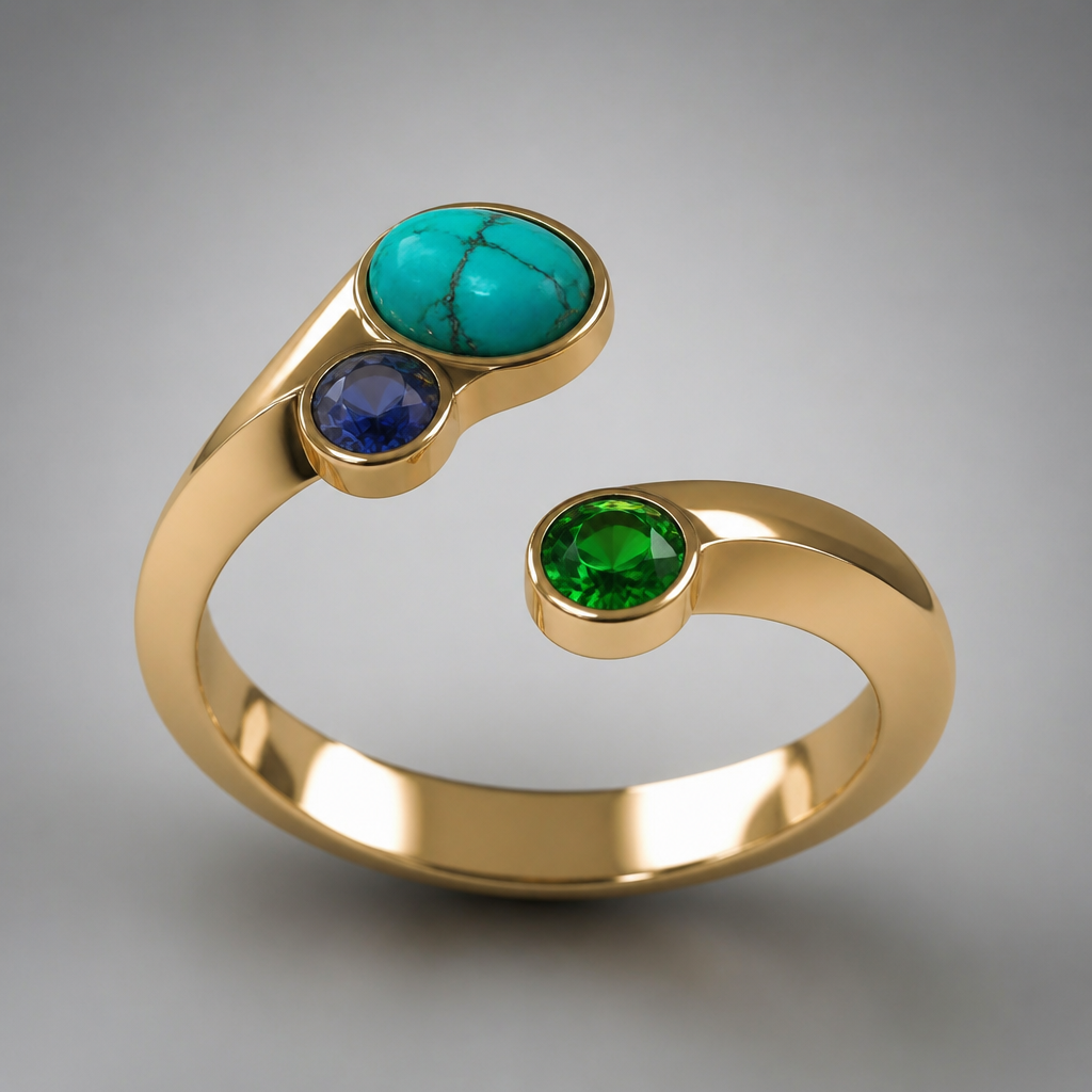 A tension women's ring made of gold with turquoise and sapphire and emerald stones suitable for formal
photorealistic jewelry design, A tension women's ring made of gold with turquoise and sapphire and emerald stones suitable for formal, tension style, just the design no text
