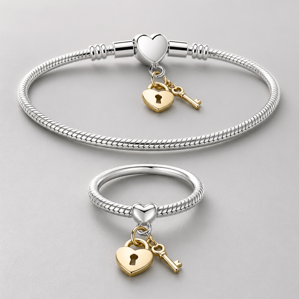 A women's ring. bracelet with spigna chain smooth with heart lock in silvwr metal. Refinement: put charms gold
photorealistic jewelry design, A women's ring. bracelet with spigna chain smooth with heart lock in silvwr metal. Refinement: put charms gold, just the design no text