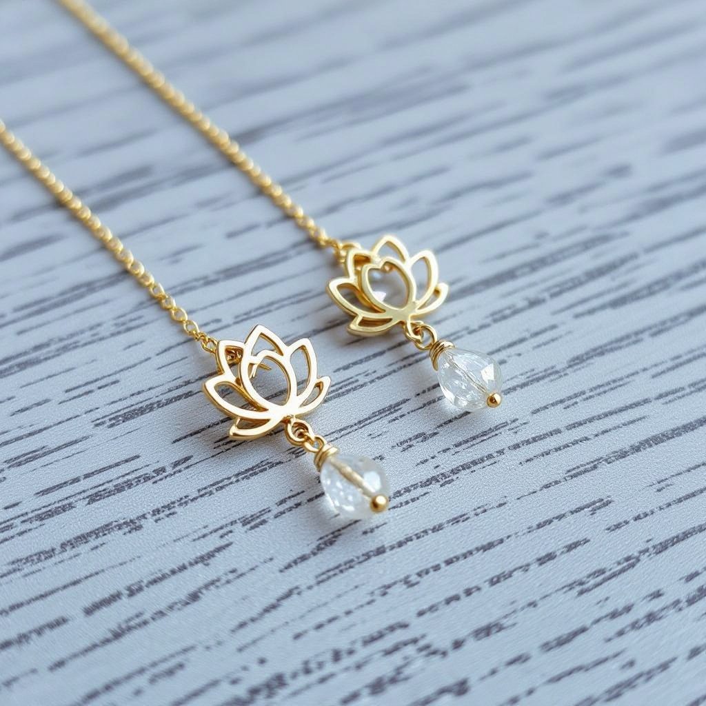 Серьги золото изящный маленький плоский лотос с необработанным маленьким хрусталем в центре, от лотоса идет золотая цепочка вниз с еще одним маленьким камушком хрусталя