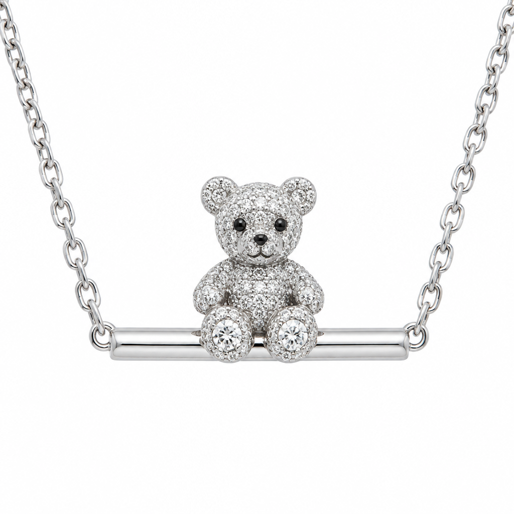 Design a 2 carat teddy bear sitting on a white go bar with cable link chain on each side
photorealistic jewelry design, Design a 2 carat teddy bear sitting on a white go bar with cable link chain on each side, just the design no text