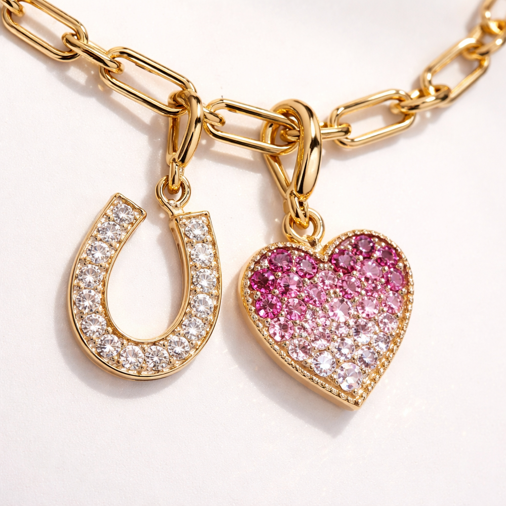 Paperclip chain 14k gold inspired by shay jewelry with a charm of horse shoe diamond and heart charm ombre shades of pink sapphire