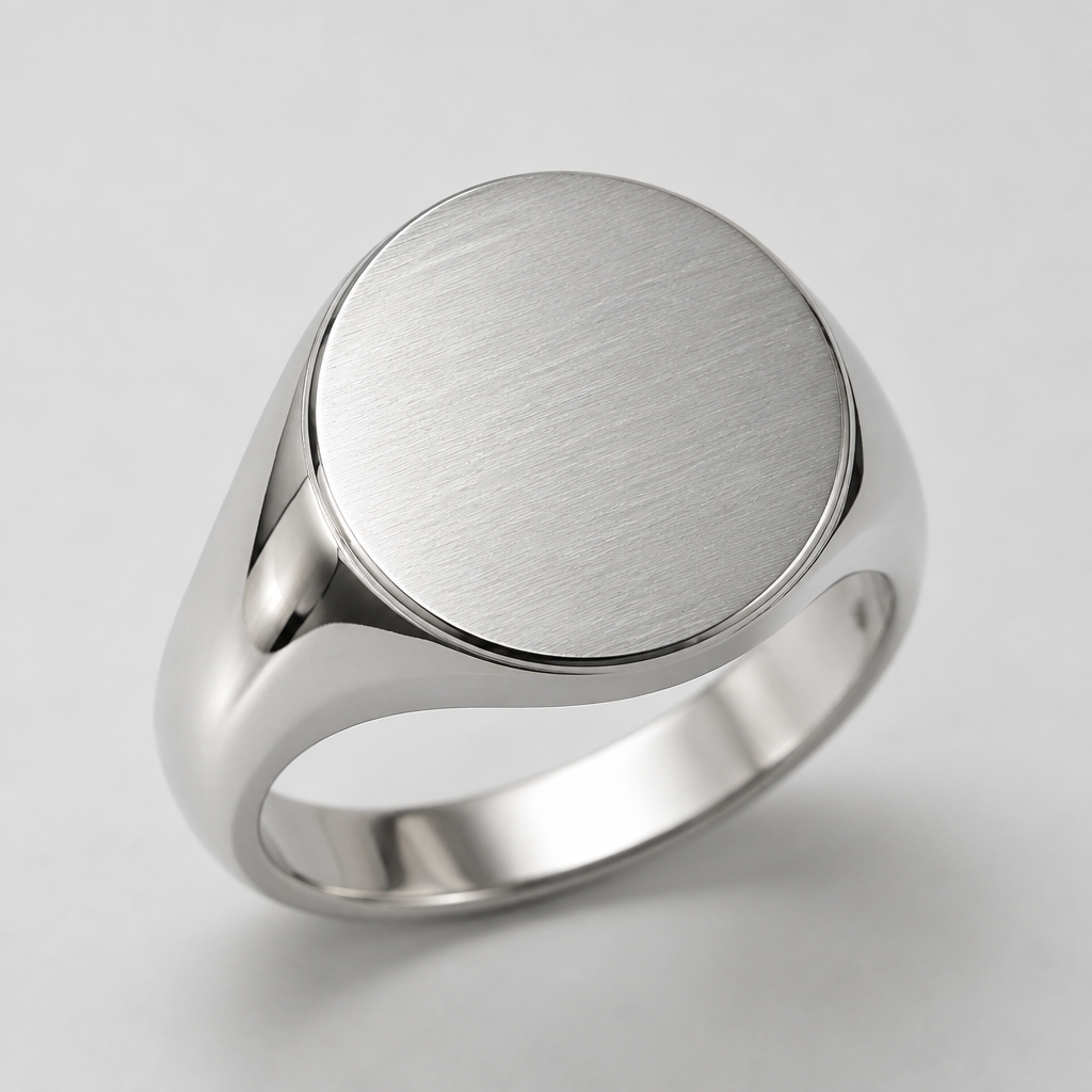 A women's ring made of silver suitable for formal. it's a signet ring 16 mm round
photorealistic jewelry design, A women's ring made of silver suitable for formal. it's a signet ring 16 mm round, modern style, just the design no text