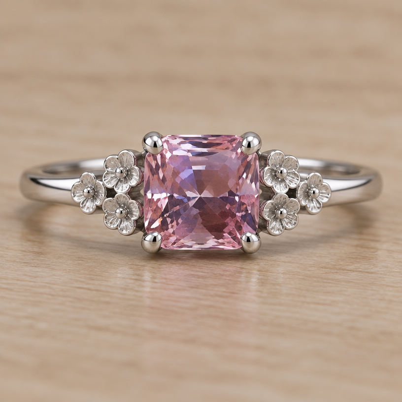 A women's ring made of silver. use this stone and do a traditional 4 prong setting with a triangle of 3 flowers on each side of the stone
using the attached image as a visual reference, create A women's ring made of silver. use this stone and do a traditional 4 prong setting with a triangle of 3 flowers on each side of the stone. photorealistic, just the design no text