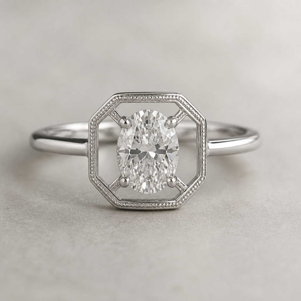 A women's ring made of silver with diamond stones. bague sertie d'un diamant oval, à l'intérieur du carré feminin travaillé et delicat, minimaliste metal fin
photorealistic jewelry design, A women's ring made of silver with diamond stones. bague sertie d'un diamant oval, à l'intérieur du carré feminin travaillé et delicat, minimaliste metal fin, modern style, just the design no text