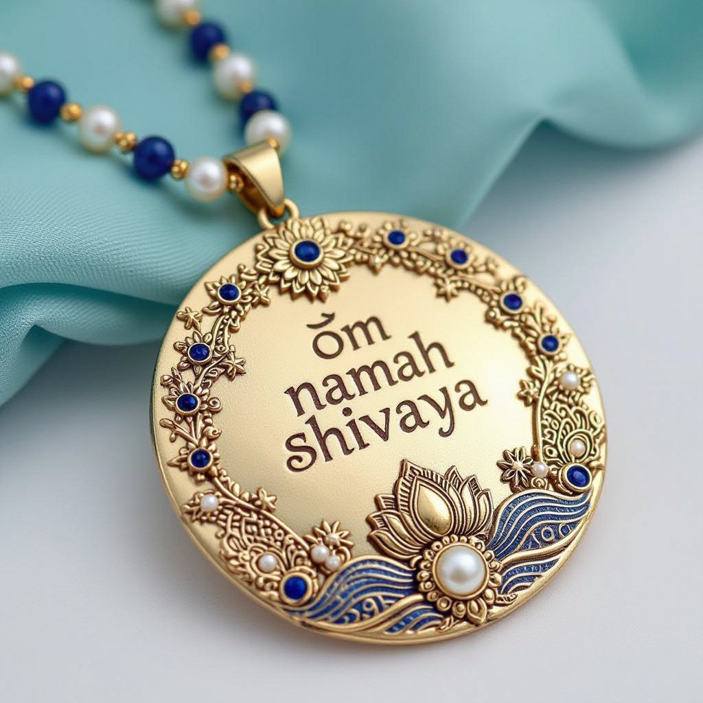 Кулон на длинной цепочке. Матовое светлое золото. В цепочке небольшие золотые шарики и синие камушки и жемчуга. Кулон в форме неровного мятого круга. На круге изображена надпись под наклоном om namah shivaya. Круг украшен лотосами звездами волнами узорами