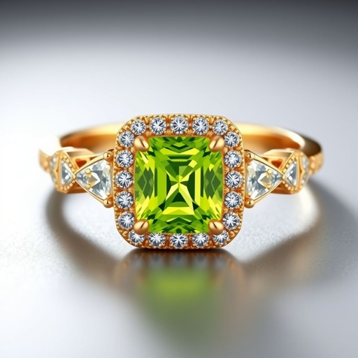 A one carat peridot ring on yellow gold. Use a small diamond halo around the stone and 8 pieces diamond on each side of the band. 