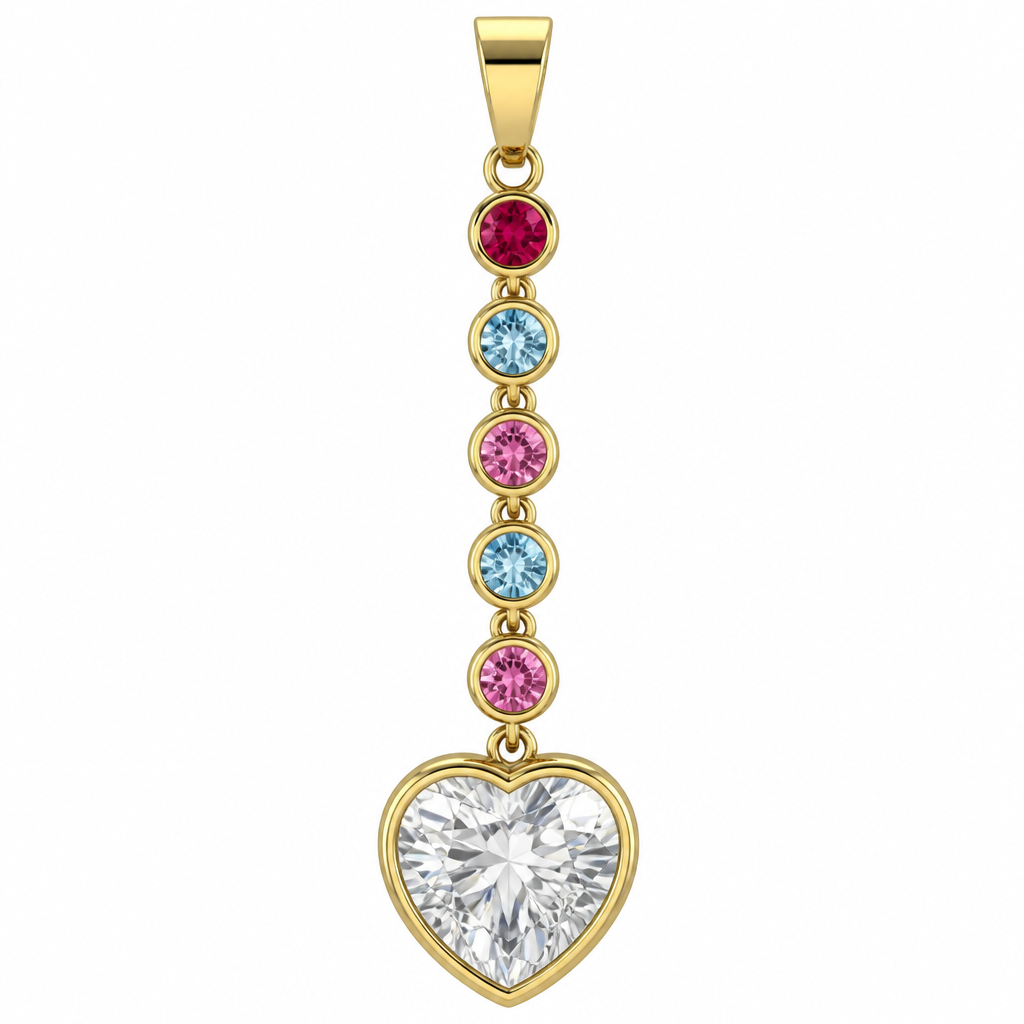 bezel setting 1ct heart dangling with ruby, blue topaz, pink topaz, blue topaz, pink topaz in yellow gold