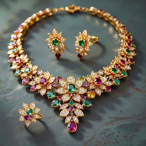 Necklace and ring and earring with luxury colorful jewel with gold