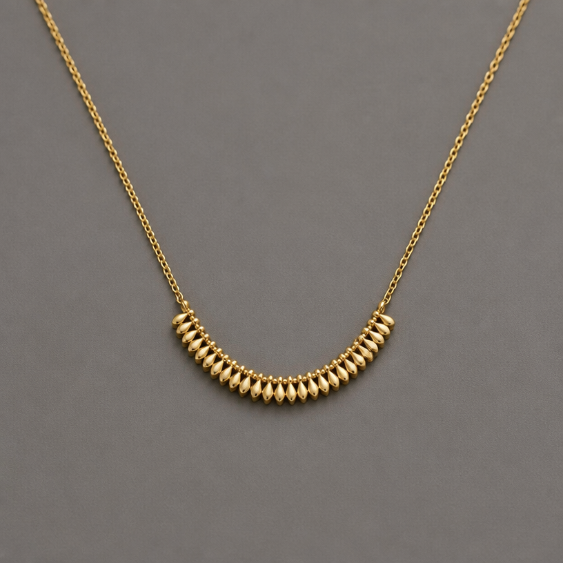 A minimalist women's necklace made of gold, minimalist, simple and delicate, clean lines
using the attached image as a visual reference, create A minimalist women's necklace made of gold, minimalist, simple and delicate, clean lines. photorealistic, just the design no text