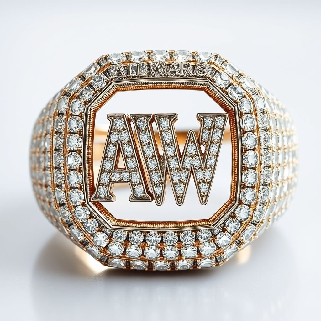In the middle A W raised at the top of the A W in writing states ALWAYS and at the bottom WORKING and at the sides of the ring kn the left side winning and the right side always fully iced out and a very bulky ring 