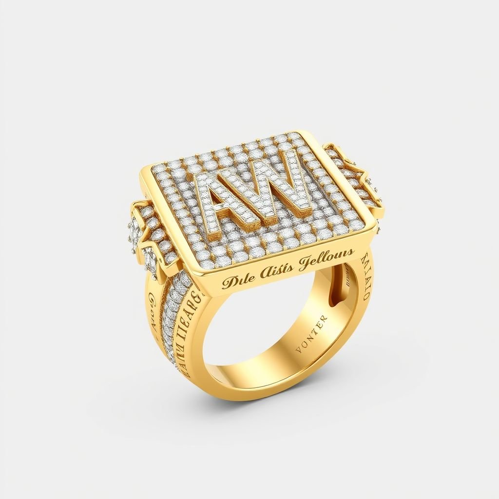 Big AW in the middle at the top small writing always at the bottom small writing working at one side of the ring always on the other side of the ring Wing ring in a  square big and bulky fully ice that diamonds in gold and white gold mix