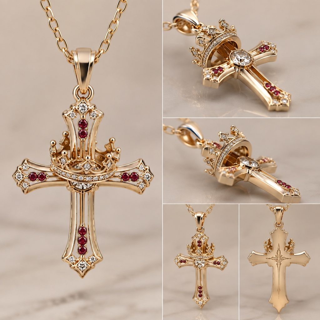 A women's ring. a gold cross necklace with a diamond in the middle and three little rubies in every point in a straight line they are very small, and a moveable gold crown on the cross with the words he is with you in the crown ant it it should be a kings crown and little diamonds all around and it can spin all around the cross. on the backof the cross is a ingravemet the Bible verse 1 Peter 5:7
photorealistic jewelry design, A women's ring. a gold cross necklace with a diamond in the middle and three little rubies in every point in a straight line they are very small, and a moveable gold crown on the cross with the words he is with you in the crown ant it it should be a kings crown and little diamonds all around and it can spin all around the cross. on the backof the cross is a ingravemet the Bible verse 1 Peter 5:7, modern style, just the design no text