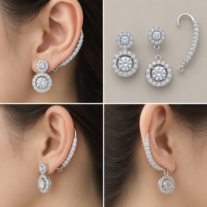 A women's earrings. สามารถถอดออกเป็นส่วนๆได้, ตุ้งติ้งอยู่ใต้ติ่งหู อ้อมหลังใบหู,4 views
using the attached image as a visual reference, create A women's earrings. สามารถถอดออกเป็นส่วนๆได้, ตุ้งติ้งอยู่ใต้ติ่งหู อ้อมหลังใบหู,4 views. photorealistic, just the design no text