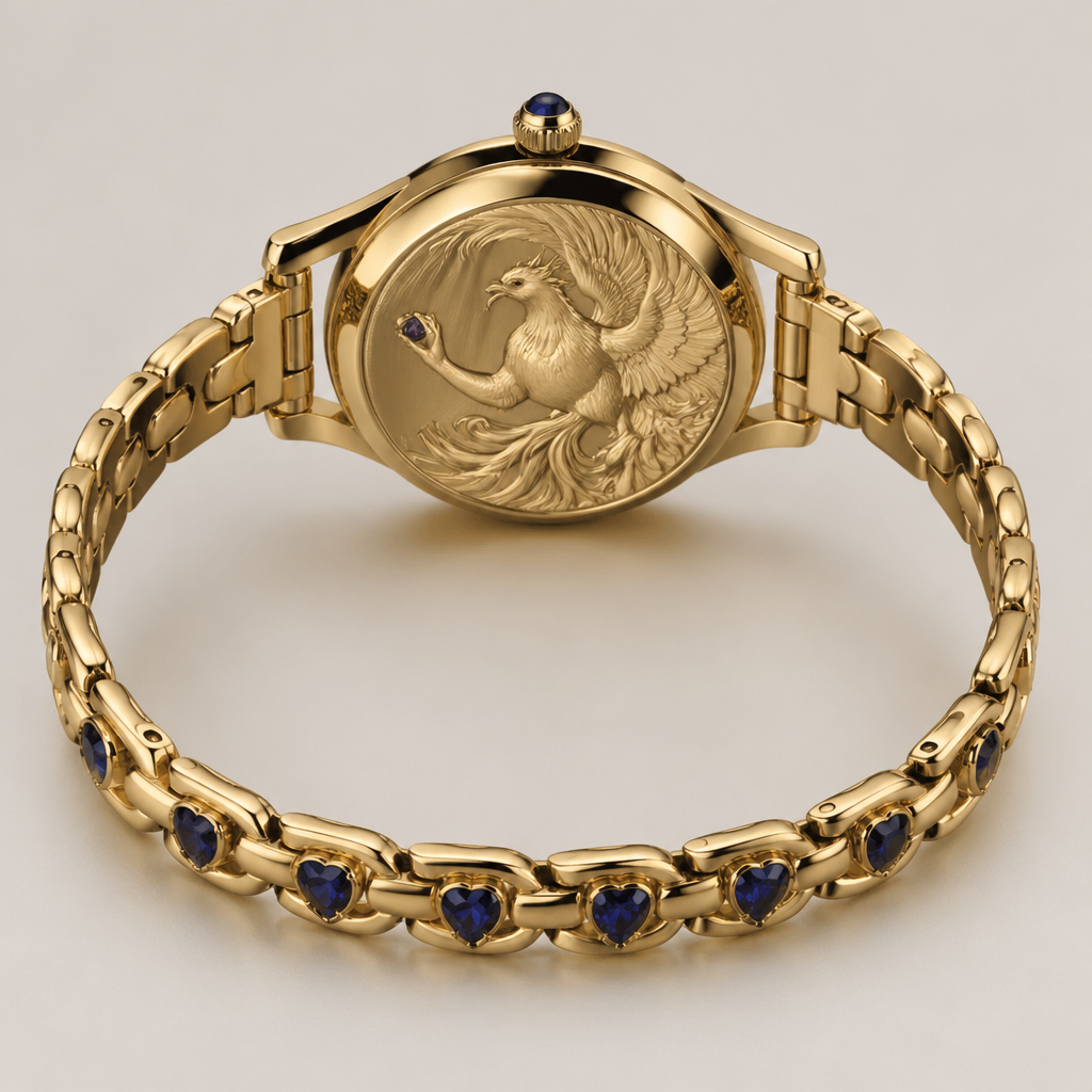 A minimalist women's watch made of gold with sapphire stones suitable for daily wear. com fio mais robusto mas elegante, em ouro, com 7 corações com pedra saphire azul, espaçados entre si 0,05mm, a joia em si, no fundo do relógio, uma fenix segurando gentilmente uma pedra pequena amethyst. um relógio simples, elegante, discreto para usar no dia a dia com um toque de charme e poder
photorealistic jewelry design, A minimalist women's watch made of gold with sapphire stones suitable for daily wear. com fio mais robusto mas elegante, em ouro, com 7 corações com pedra saphire azul, espaçados entre si 0,05mm, a joia em si, no fundo do relógio, uma fenix segurando gentilmente uma pedra pequena amethyst. um relógio simples, elegante, discreto para usar no dia a dia com um toque de charme e poder, minimalist style, just the design no text