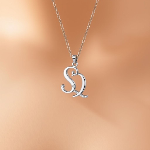 silver necklace with the pendant in conjoined letters SQ with white  stones. Make it cute and simple 