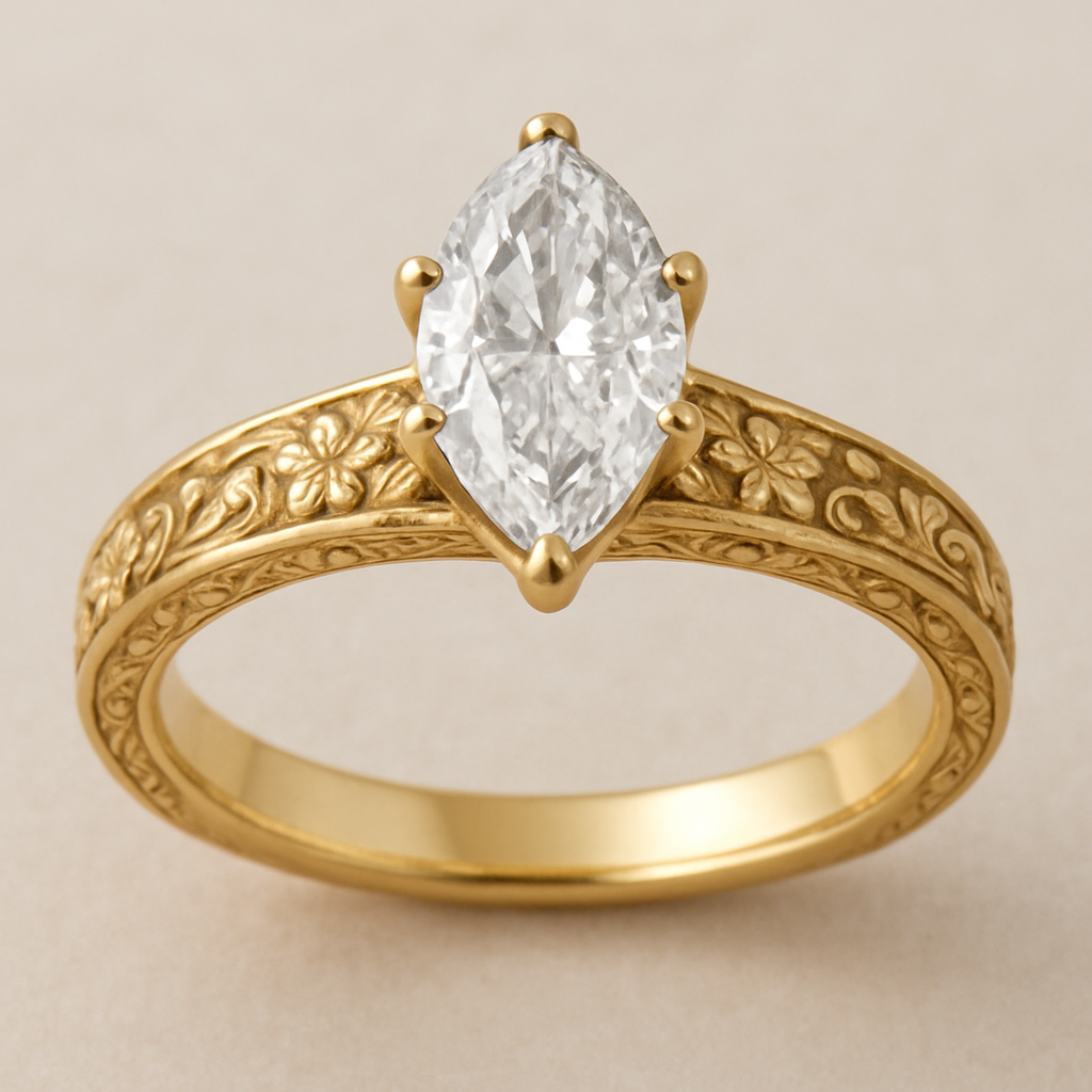 gold engagement ring with marquise cut diamond 2ct and cathedral setting. band same width all the way around and has floral and vintage look