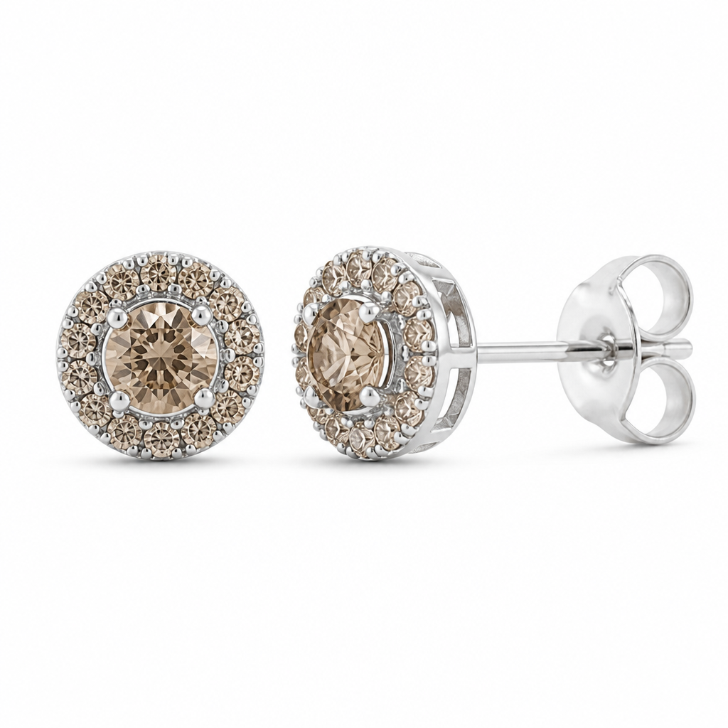 Earrings, center stone 3.2 mm champagne diamond, surrounding stones 1 mm champagne diamonds, white gold
photorealistic jewelry design, Earrings, center stone 3.2 mm champagne diamond, surrounding stones 1 mm champagne diamonds, white gold, just the design no text