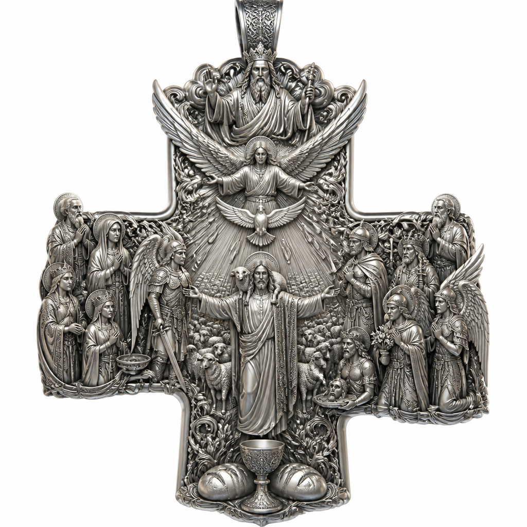 A sculptural women's pendant made of silver suitable for festival. An extraordinary excellent beautiful delicate and elegant, super modern Cross, without stones, without background only the Cross, with Jesus Christ as the Good Shepherd with a beautiful delicate and elegant face, with long hair, with a beautiful delicate elegant and fit body, with His hands wide open to receive all of us, with a beautiful delicate elegant and beautifully ornated tunic, with a beautiful delicate and elegant sheep on His shoulders, with a beautiful delicate and elegant flock of beautiful delicate and elegant sheep backward of Him. Over Jesus Christ and the flock to be placed the Holy Spirit as an Angel with a beautiful delicate and elegant face, with long hair, with big wings flying, with a beautiful delicate elegant and fit body, with a beautiful delicate elegant and beautifully ornated tunic under the Angel to be placed a beautiful delicate and elegant dove flying both of them the Angel and the dove to be surrounded by tongues of fire radiating light to Jesus Christ and the flock. Over the Holy Spirit to be placed God the Father with a beautiful delicate and elegant face, with long hair, with a beautiful delicate elegant and fit body, with a beautiful delicate and elegant tunic, with a beautiful delicate and elegant sceptre at His left hand blessing the world with His right hand, with a beautiful delicate elegant and beautifully ornated crown on His head. At the bottom of the Cross to be placed the Holy Communion with a beautiful delicate elegant and beautifully ornated chalice and two breads around the chalice. At the lower right side of the Cross to be stacked one by one Saint John the Baptist with a beautiful delicate elegant and beautifully ornated platter with his head on it. Over Saint John the Baptist to be placed Saint Constantine with a beautiful delicate and elegant face, with long hair, with a beautiful delicate and elegant crown on his head, with a beautiful delicate elegant and fit body, with a beautiful delicate and elegant armour holding a beautiful delicate elegant and beautifully ornated Cross. Over Saint Constantine to be placed Saint George with a beautiful delicate and elegant face, with long hair, with a beautiful delicate elegant and beautifully ornated helmet with a beautiful delicate elegant and fit body, with a beautiful delicate elegant and beautifully ornated armour, holding a beautiful delicate and elegant sword with his right hand at low position and near the floor giving respect to the Holy Trinity and Praying. Over Saint George to be placed Saint Peter the Apostle Praying. At the left lower side of the Cross to be placed stacked Saint Paraskevi with a beautiful delicate and elegant face, with long hair, with a beautiful delicate elegant and beautifully curved body, with a beautiful delicate elegant and beautifully ornated tunic holding a bowl with two eyes in it. Over Saint Paraskevi to be placed Saint Irene with a beautiful delicate and elegant face, with long hair, with a beautiful delicate elegant and beautifully ornated wreath on her head, with a beautiful delicate elegant and beautifully curved body, with a beautiful delicate elegant and beautifully ornated tunic Praying. Over Saint Irene to be placed Virgo Maria with a beautiful delicate and elegant face, with beautifully ornated long hair, with a beautiful delicate elegant and beautifully curved body, with a beautiful delicate elegant and beautifully ornated tunic Praying. Over Virgo Maria to be placed Saint Paul the Apostle Praying. At the right side of the Cross to be placed Saint Michael the Archangel with a beautiful delicate and elegant face, with long hair, with a beautiful delicate elegant and beautifully ornated helmet, with a beautiful delicate elegant and fit body, with big wings flying, with a beautiful delicate elegant and beautifully ornated armour, holding His beautiful delicate elegant and beautifully ornated sword low to the ground giving respect to the Holy Trinity and Praying. In front of Saint Michael the Archangel to be placed Saint Gabriel the Archangel with a beautiful delicate and elegant face, with long hair, with a beautiful delicate elegant and beautifully ornated helmet on His head, with a beautiful delicate elegant and fit body, with big wings flying, with a beautiful delicate elegant and beautifully ornated armour, holding a beautiful delicate elegant and beautifully ornated bucket of lilyes and Praying. At the left side of the Cross to be placed Saint Rafael the Archangel with a beautiful delicate and elegant face, with long hair, with a beautiful delicate elegant and beautifully ornated helmet, with a beautiful delicate elegant and fit body, with big wings flying, with a beautiful delicate elegant and beautifully ornated armour, holding a beautiful delicate elegant and beautifully ornated sword with his right hand low giving respect to the Holy Trinity and Praying. In front of Saint Rafael the Archangel to be placed the Guardian Angel with a beautiful delicate and elegant face, with long hair, with a beautiful delicate elegant and beautifully ornated with flowers wreath on His head, with a beautiful delicate elegant and fit body, with a beautiful delicate elegant and beautifully ornated tunic Praying. Make all the Angels, the Saints, God the Father, the Holy Spirit and Jesus Christ and the flock as statues.
photorealistic jewelry design, A sculptural women's pendant made of silver suitable for festival. An extraordinary excellent beautiful delicate and elegant, super modern Cross, without stones, without background only the Cross, with Jesus Christ as the Good Shepherd with a beautiful delicate and elegant face, with long hair, with a beautiful delicate elegant and fit body, with His hands wide open to receive all of us, with a beautiful delicate elegant and beautifully ornated tunic, with a beautiful delicate and elegant sheep on His shoulders, with a beautiful delicate and elegant flock of beautiful delicate and elegant sheep backward of Him. Over Jesus Christ and the flock to be placed the Holy Spirit as an Angel with a beautiful delicate and elegant face, with long hair, with big wings flying, with a beautiful delicate elegant and fit body, with a beautiful delicate elegant and beautifully ornated tunic under the Angel to be placed a beautiful delicate and elegant dove flying both of them the Angel and the dove to be surrounded by tongues of fire radiating light to Jesus Christ and the flock. Over the Holy Spirit to be placed God the Father with a beautiful delicate and elegant face, with long hair, with a beautiful delicate elegant and fit body, with a beautiful delicate and elegant tunic, with a beautiful delicate and elegant sceptre at His left hand blessing the world with His right hand, with a beautiful delicate elegant and beautifully ornated crown on His head. At the bottom of the Cross to be placed the Holy Communion with a beautiful delicate elegant and beautifully ornated chalice and two breads around the chalice. At the lower right side of the Cross to be stacked one by one Saint John the Baptist with a beautiful delicate elegant and beautifully ornated platter with his head on it. Over Saint John the Baptist to be placed Saint Constantine with a beautiful delicate and elegant face, with long hair, with a beautiful delicate and elegant crown on his head, with a beautiful delicate elegant and fit body, with a beautiful delicate and elegant armour holding a beautiful delicate elegant and beautifully ornated Cross. Over Saint Constantine to be placed Saint George with a beautiful delicate and elegant face, with long hair, with a beautiful delicate elegant and beautifully ornated helmet with a beautiful delicate elegant and fit body, with a beautiful delicate elegant and beautifully ornated armour, holding a beautiful delicate and elegant sword with his right hand at low position and near the floor giving respect to the Holy Trinity and Praying. Over Saint George to be placed Saint Peter the Apostle Praying. At the left lower side of the Cross to be placed stacked Saint Paraskevi with a beautiful delicate and elegant face, with long hair, with a beautiful delicate elegant and beautifully curved body, with a beautiful delicate elegant and beautifully ornated tunic holding a bowl with two eyes in it. Over Saint Paraskevi to be placed Saint Irene with a beautiful delicate and elegant face, with long hair, with a beautiful delicate elegant and beautifully ornated wreath on her head, with a beautiful delicate elegant and beautifully curved body, with a beautiful delicate elegant and beautifully ornated tunic Praying. Over Saint Irene to be placed Virgo Maria with a beautiful delicate and elegant face, with beautifully ornated long hair, with a beautiful delicate elegant and beautifully curved body, with a beautiful delicate elegant and beautifully ornated tunic Praying. Over Virgo Maria to be placed Saint Paul the Apostle Praying. At the right side of the Cross to be placed Saint Michael the Archangel with a beautiful delicate and elegant face, with long hair, with a beautiful delicate elegant and beautifully ornated helmet, with a beautiful delicate elegant and fit body, with big wings flying, with a beautiful delicate elegant and beautifully ornated armour, holding His beautiful delicate elegant and beautifully ornated sword low to the ground giving respect to the Holy Trinity and Praying. In front of Saint Michael the Archangel to be placed Saint Gabriel the Archangel with a beautiful delicate and elegant face, with long hair, with a beautiful delicate elegant and beautifully ornated helmet on His head, with a beautiful delicate elegant and fit body, with big wings flying, with a beautiful delicate elegant and beautifully ornated armour, holding a beautiful delicate elegant and beautifully ornated bucket of lilyes and Praying. At the left side of the Cross to be placed Saint Rafael the Archangel with a beautiful delicate and elegant face, with long hair, with a beautiful delicate elegant and beautifully ornated helmet, with a beautiful delicate elegant and fit body, with big wings flying, with a beautiful delicate elegant and beautifully ornated armour, holding a beautiful delicate elegant and beautifully ornated sword with his right hand low giving respect to the Holy Trinity and Praying. In front of Saint Rafael the Archangel to be placed the Guardian Angel with a beautiful delicate and elegant face, with long hair, with a beautiful delicate elegant and beautifully ornated with flowers wreath on His head, with a beautiful delicate elegant and fit body, with a beautiful delicate elegant and beautifully ornated tunic Praying. Make all the Angels, the Saints, God the Father, the Holy Spirit and Jesus Christ and the flock as statues., sculptural style, just the design no text