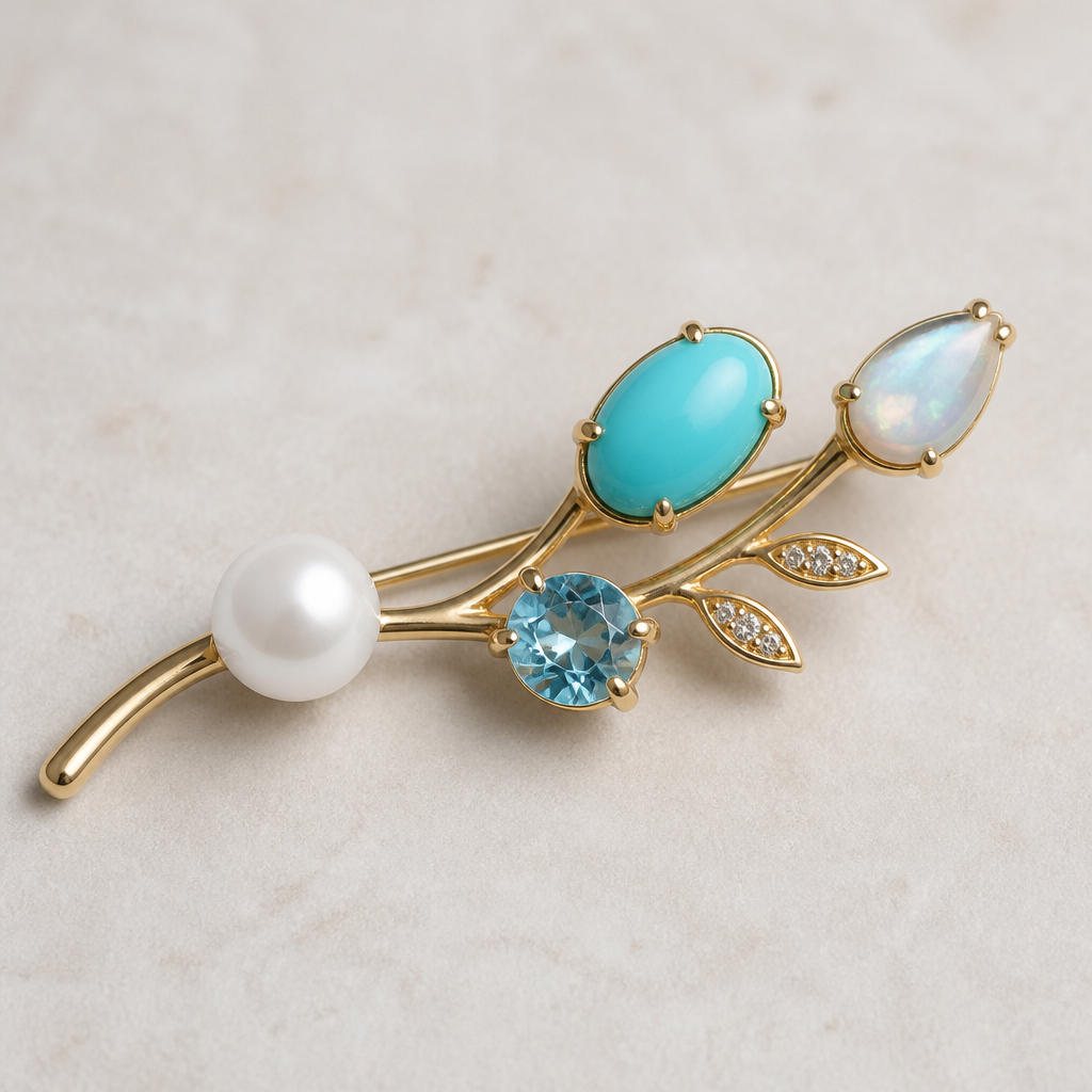 A minimalist women's brooch with pearl and turquoise and aquamarine and opal stones suitable for daily wear