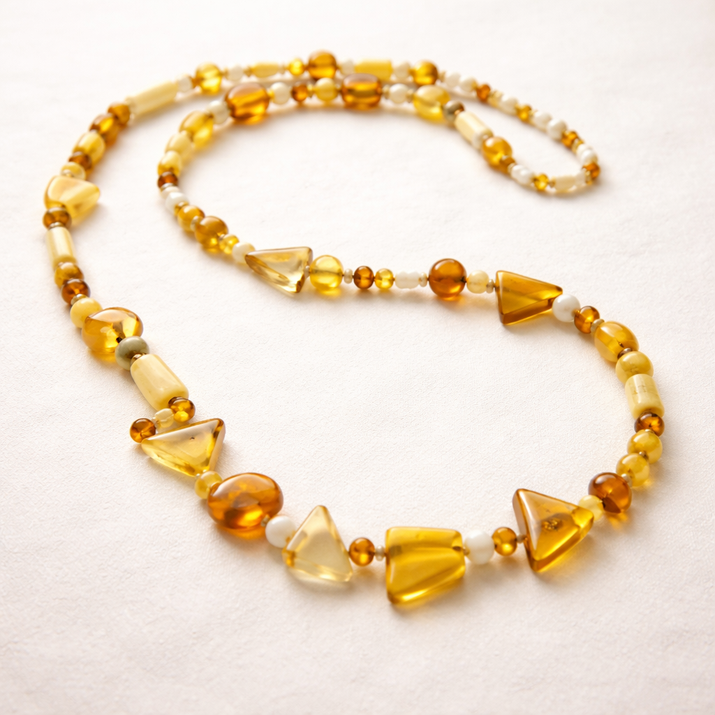 Only ambers very small stons tube triangle and ball and disc combined no steel strict shapes one line combined necklace for women white yellow colours mix in sport style to wear