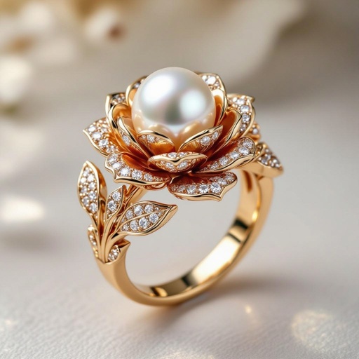 golden ring with peral sorrounded by diamonds inside a rose with leaves 