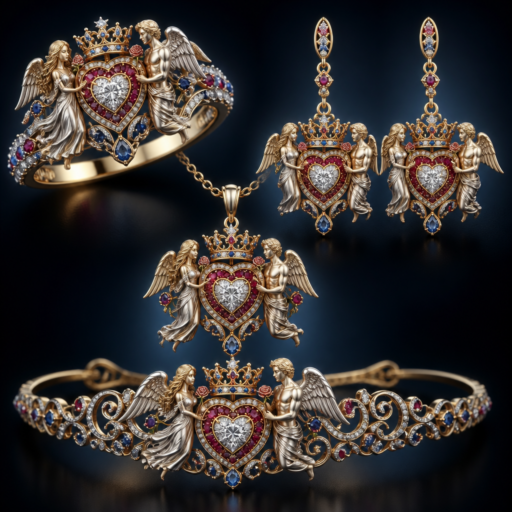 A royal women's ring made of mixed metal with diamond and ruby and sapphire stones suitable for wedding. An extraordinary beautiful delicate elegant and excellent set of jewelry with a beautiful delicate and elegant ring, two ear rings, a pendant and a bracelet with a heart at the middle and a diamond in the middle of the heart over the heart to be placed a beautiful delicate and elegant queen crown with a diamond in the middle and rubies and sapphires all around the crown, with an extraordinary beautiful delicate and elegant female Angel with a beautiful delicate and elegant face with long hair holding a heart with Her right hand and a rose with Her left hand at the right side of the heart and an extraordinary beautiful delicate and elegant male Angel with an extraordinary beautiful delicate elegant and fit body with a beautiful delicate and elegant face with short hair holding a heart with His right hand and a rose with His left hand at the left side of the heat. Both Angels to be placed to all the items of the set. The Angels to be adult Angels at all the items of the set. The crown to be placed on the heart. at