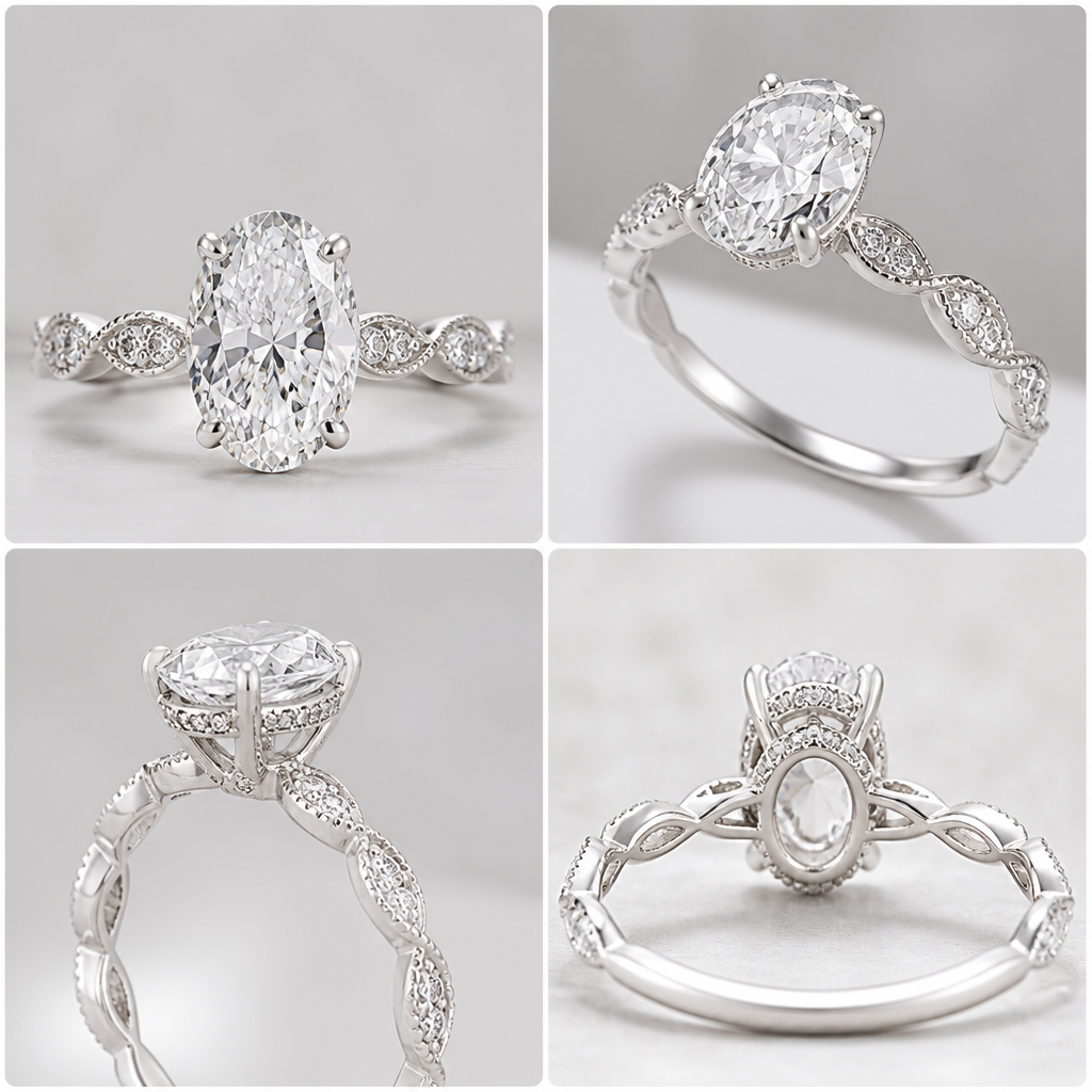 Mia Oval Cut Diamond Engagement Ring With Diamond Hidden Halo And 3D Diamond Band. Refinement: આવી નવી 4 ડિઝાઇન બનાવો
photorealistic jewelry design, Mia Oval Cut Diamond Engagement Ring With Diamond Hidden Halo And 3D Diamond Band. Refinement: આવી નવી 4 ડિઝાઇન બનાવો, just the design no text
