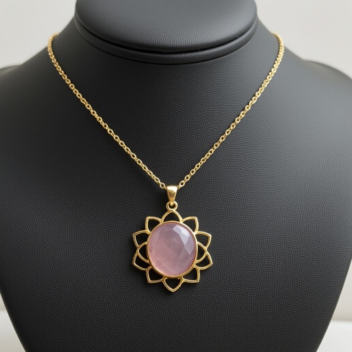 Золотая матовая цепочка. Подвеска матовая лотос шесть лепестков нижние лепестки крупнее верхних  не круглый . В сердце лотоса матовый розовый кварц овальный