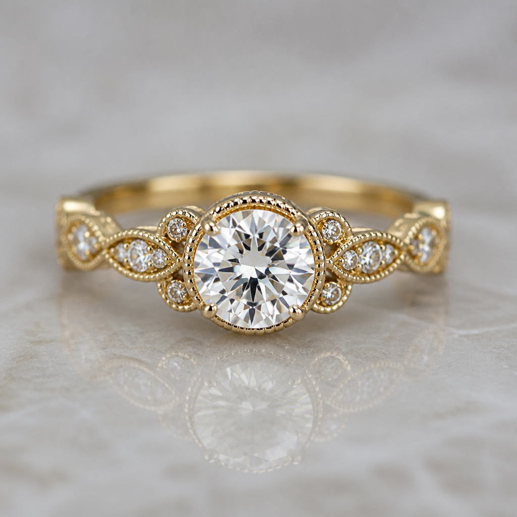 A vintage women's ring made of gold with diamond stones suitable for engagement. Anillo en oro amarillo estilo vintage para compromiso
photorealistic jewelry design, A vintage women's ring made of gold with diamond stones suitable for engagement. Anillo en oro amarillo estilo vintage para compromiso, vintage style, just the design no text