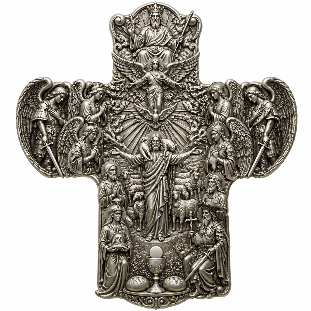 A sculptural women's pendant made of silver suitable for festival. An extraordinary excellent beautiful delicate and elegant, super modern Cross, without stones, without background only the Cross, with Jesus Christ as the Good Shepherd with a beautiful delicate and elegant face, with long hair, with a beautiful delicate elegant and fit body, with His hands wide open to receive all of us, with a beautiful delicate elegant and beautifully ornated tunic, with a beautiful delicate and elegant sheep on His shoulders, with a beautiful delicate and elegant flock of beautiful delicate and elegant sheep backward of Him. Over Jesus Christ and the flock to be placed the Holy Spirit as an Angel with a beautiful delicate and elegant face, with long hair, with big wings flying, with a beautiful delicate elegant and fit body, with a beautiful delicate elegant and beautifully ornated tunic under the Angel to be placed a beautiful delicate and elegant dove flying both of them the Angel and the dove to be surrounded by tongues of fire radiating light to Jesus Christ and the flock. Over the Holy Spirit to be placed God the Father with a beautiful delicate and elegant face, with long hair, with a beautiful delicate elegant and fit body, with a beautiful delicate and elegant tunic, with a beautiful delicate and elegant sceptre at His left hand blessing the world with His right hand, with a beautiful delicate elegant and beautifully ornated crown on His head. At the bottom of the Cross to be placed the Holy Communion with a beautiful delicate elegant and beautifully ornated chalice and two breads around the chalice. At the lower right side of the Cross to be stacked one by one Saint John the Baptist with a beautiful delicate elegant and beautifully ornated platter with his head on it. Over Saint John the Baptist to be placed Saint Constantine with a beautiful delicate and elegant face, with long hair, with a beautiful delicate and elegant crown on his head, with a beautiful delicate elegant and fit body, with a beautiful delicate and elegant armour holding a beautiful delicate elegant and beautifully ornated Cross. Over Saint Constantine to be placed Saint George with a beautiful delicate and elegant face, with long hair, with a beautiful delicate elegant and beautifully ornated helmet with a beautiful delicate elegant and fit body, with a beautiful delicate elegant and beautifully ornated armour, holding a beautiful delicate and elegant sword with his right hand at low position and near the floor giving respect to the Holy Trinity and Praying. Over Saint George to be placed Saint Peter the Apostle Praying. At the left lower side of the Cross to be placed stacked Saint Paraskevi with a beautiful delicate and elegant face, with long hair, with a beautiful delicate elegant and beautifully curved body, with a beautiful delicate elegant and beautifully ornated tunic holding a bowl with two eyes in it. Over Saint Paraskevi to be placed Saint Irene with a beautiful delicate and elegant face, with long hair, with a beautiful delicate elegant and beautifully ornated wreath on her head, with a beautiful delicate elegant and beautifully curved body, with a beautiful delicate elegant and beautifully ornated tunic Praying. Over Saint Irene to be placed Virgo Maria with a beautiful delicate and elegant face, with beautifully ornated long hair, with a beautiful delicate elegant and beautifully curved body, with a beautiful delicate elegant and beautifully ornated tunic Praying. Over Virgo Maria to be placed Saint Paul the Apostle Praying. At the right side of the Cross to be placed Saint Michael the Archangel with a beautiful delicate and elegant face, with long hair, with a beautiful delicate elegant and beautifully ornated helmet, with a beautiful delicate elegant and fit body, with big wings flying, with a beautiful delicate elegant and beautifully ornated armour, holding His beautiful delicate elegant and beautifully ornated sword low to the ground giving respect to the Holy Trinity and Praying. In front of Saint Michael the Archangel to be placed Saint Gabriel the Archangel with a beautiful delicate and elegant face, with long hair, with a beautiful delicate elegant and beautifully ornated helmet on His head, with a beautiful delicate elegant and fit body, with big wings flying, with a beautiful delicate elegant and beautifully ornated armour, holding a beautiful delicate elegant and beautifully ornated bucket of lilyes and Praying. At the left side of the Cross to be placed Saint Rafael the Archangel with a beautiful delicate and elegant face, with long hair, with a beautiful delicate elegant and beautifully ornated helmet, with a beautiful delicate elegant and fit body, with big wings flying, with a beautiful delicate elegant and beautifully ornated armour, holding a beautiful delicate elegant and beautifully ornated sword with his right hand low giving respect to the Holy Trinity and Praying. In front of Saint Rafael the Archangel to be placed the Guardian Angel with a beautiful delicate and elegant face, with long hair, with a beautiful delicate elegant and beautifully ornated with flowers wreath on His head, with a beautiful delicate elegant and fit body, with a beautiful delicate elegant and beautifully ornated tunic Praying. Make all the Angels, the Saints, God the Father, the Holy Spirit and Jesus Christ and the flock as statues.
photorealistic jewelry design, A sculptural women's pendant made of silver suitable for festival. An extraordinary excellent beautiful delicate and elegant, super modern Cross, without stones, without background only the Cross, with Jesus Christ as the Good Shepherd with a beautiful delicate and elegant face, with long hair, with a beautiful delicate elegant and fit body, with His hands wide open to receive all of us, with a beautiful delicate elegant and beautifully ornated tunic, with a beautiful delicate and elegant sheep on His shoulders, with a beautiful delicate and elegant flock of beautiful delicate and elegant sheep backward of Him. Over Jesus Christ and the flock to be placed the Holy Spirit as an Angel with a beautiful delicate and elegant face, with long hair, with big wings flying, with a beautiful delicate elegant and fit body, with a beautiful delicate elegant and beautifully ornated tunic under the Angel to be placed a beautiful delicate and elegant dove flying both of them the Angel and the dove to be surrounded by tongues of fire radiating light to Jesus Christ and the flock. Over the Holy Spirit to be placed God the Father with a beautiful delicate and elegant face, with long hair, with a beautiful delicate elegant and fit body, with a beautiful delicate and elegant tunic, with a beautiful delicate and elegant sceptre at His left hand blessing the world with His right hand, with a beautiful delicate elegant and beautifully ornated crown on His head. At the bottom of the Cross to be placed the Holy Communion with a beautiful delicate elegant and beautifully ornated chalice and two breads around the chalice. At the lower right side of the Cross to be stacked one by one Saint John the Baptist with a beautiful delicate elegant and beautifully ornated platter with his head on it. Over Saint John the Baptist to be placed Saint Constantine with a beautiful delicate and elegant face, with long hair, with a beautiful delicate and elegant crown on his head, with a beautiful delicate elegant and fit body, with a beautiful delicate and elegant armour holding a beautiful delicate elegant and beautifully ornated Cross. Over Saint Constantine to be placed Saint George with a beautiful delicate and elegant face, with long hair, with a beautiful delicate elegant and beautifully ornated helmet with a beautiful delicate elegant and fit body, with a beautiful delicate elegant and beautifully ornated armour, holding a beautiful delicate and elegant sword with his right hand at low position and near the floor giving respect to the Holy Trinity and Praying. Over Saint George to be placed Saint Peter the Apostle Praying. At the left lower side of the Cross to be placed stacked Saint Paraskevi with a beautiful delicate and elegant face, with long hair, with a beautiful delicate elegant and beautifully curved body, with a beautiful delicate elegant and beautifully ornated tunic holding a bowl with two eyes in it. Over Saint Paraskevi to be placed Saint Irene with a beautiful delicate and elegant face, with long hair, with a beautiful delicate elegant and beautifully ornated wreath on her head, with a beautiful delicate elegant and beautifully curved body, with a beautiful delicate elegant and beautifully ornated tunic Praying. Over Saint Irene to be placed Virgo Maria with a beautiful delicate and elegant face, with beautifully ornated long hair, with a beautiful delicate elegant and beautifully curved body, with a beautiful delicate elegant and beautifully ornated tunic Praying. Over Virgo Maria to be placed Saint Paul the Apostle Praying. At the right side of the Cross to be placed Saint Michael the Archangel with a beautiful delicate and elegant face, with long hair, with a beautiful delicate elegant and beautifully ornated helmet, with a beautiful delicate elegant and fit body, with big wings flying, with a beautiful delicate elegant and beautifully ornated armour, holding His beautiful delicate elegant and beautifully ornated sword low to the ground giving respect to the Holy Trinity and Praying. In front of Saint Michael the Archangel to be placed Saint Gabriel the Archangel with a beautiful delicate and elegant face, with long hair, with a beautiful delicate elegant and beautifully ornated helmet on His head, with a beautiful delicate elegant and fit body, with big wings flying, with a beautiful delicate elegant and beautifully ornated armour, holding a beautiful delicate elegant and beautifully ornated bucket of lilyes and Praying. At the left side of the Cross to be placed Saint Rafael the Archangel with a beautiful delicate and elegant face, with long hair, with a beautiful delicate elegant and beautifully ornated helmet, with a beautiful delicate elegant and fit body, with big wings flying, with a beautiful delicate elegant and beautifully ornated armour, holding a beautiful delicate elegant and beautifully ornated sword with his right hand low giving respect to the Holy Trinity and Praying. In front of Saint Rafael the Archangel to be placed the Guardian Angel with a beautiful delicate and elegant face, with long hair, with a beautiful delicate elegant and beautifully ornated with flowers wreath on His head, with a beautiful delicate elegant and fit body, with a beautiful delicate elegant and beautifully ornated tunic Praying. Make all the Angels, the Saints, God the Father, the Holy Spirit and Jesus Christ and the flock as statues., sculptural style, just the design no text