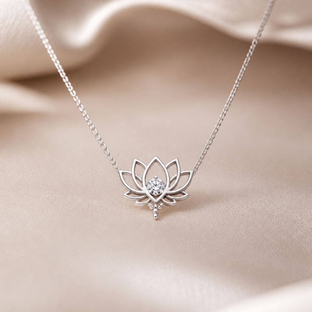 A minimalist women's necklace made of silver with diamond stones. collier minimaliste avec un lotus avec quelque details delicat avec 1 diamant dans le milieu super féminin, je veux que l'attache avec la chaine soit la plus discret possible
photorealistic jewelry design, A minimalist women's necklace made of silver with diamond stones. collier minimaliste avec un lotus avec quelque details delicat avec 1 diamant dans le milieu super féminin, je veux que l'attache avec la chaine soit la plus discret possible, minimalist style, just the design no text
