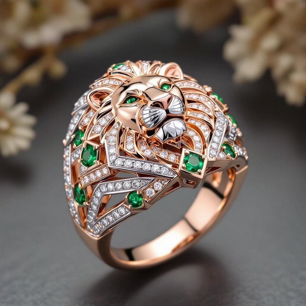 Geometric lion ring of rose gold and white goldGeomatricw lion of architecture shape and edge of diamonds and emerlad of rose gold 