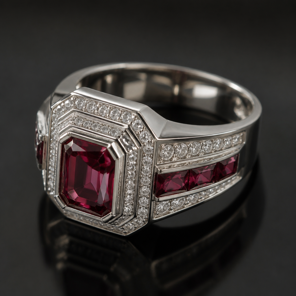 A luxury men's ring with diamond and ruby stones suitable for formal
photorealistic jewelry design, A luxury men's ring with diamond and ruby stones suitable for formal, luxury style, just the design no text