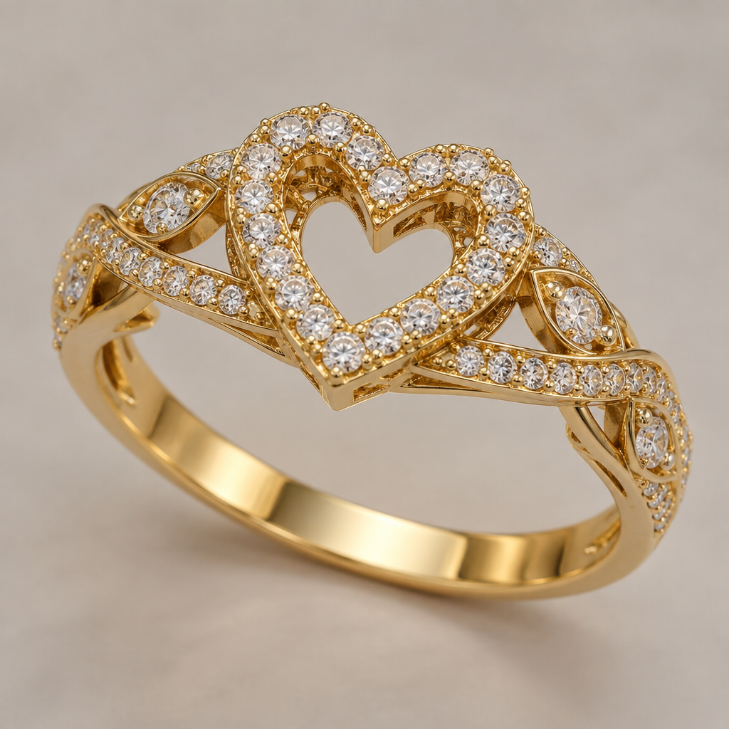 A modern women's ring made of gold with diamond stones suitable for engagement, detailed and decorative, moderately ornate. que el monte de la joya sea un corazón perforado con circones y también a los lados
photorealistic jewelry design, A modern women's ring made of gold with diamond stones suitable for engagement, detailed and decorative, moderately ornate. que el monte de la joya sea un corazón perforado con circones y también a los lados, modern style, just the design no text