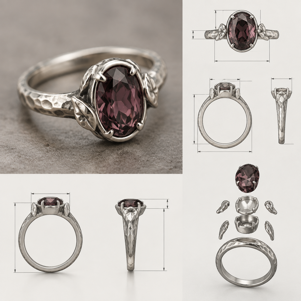 A contemporary women's ring made of silver. i would like a ring with a deep dark mauve oval spinel mounted something feminin and also a bit rustic simplistic and durable
i would like to see a photo reealistic rendering of the piece and also a sketch with detailed measurment and assembling plan
photorealistic jewelry design, A contemporary women's ring made of silver. i would like a ring with a deep dark mauve oval spinel mounted something feminin and also a bit rustic simplistic and durable
i would like to see a photo reealistic rendering of the piece and also a sketch with detailed measurment and assembling plan, contemporary style, just the design no text