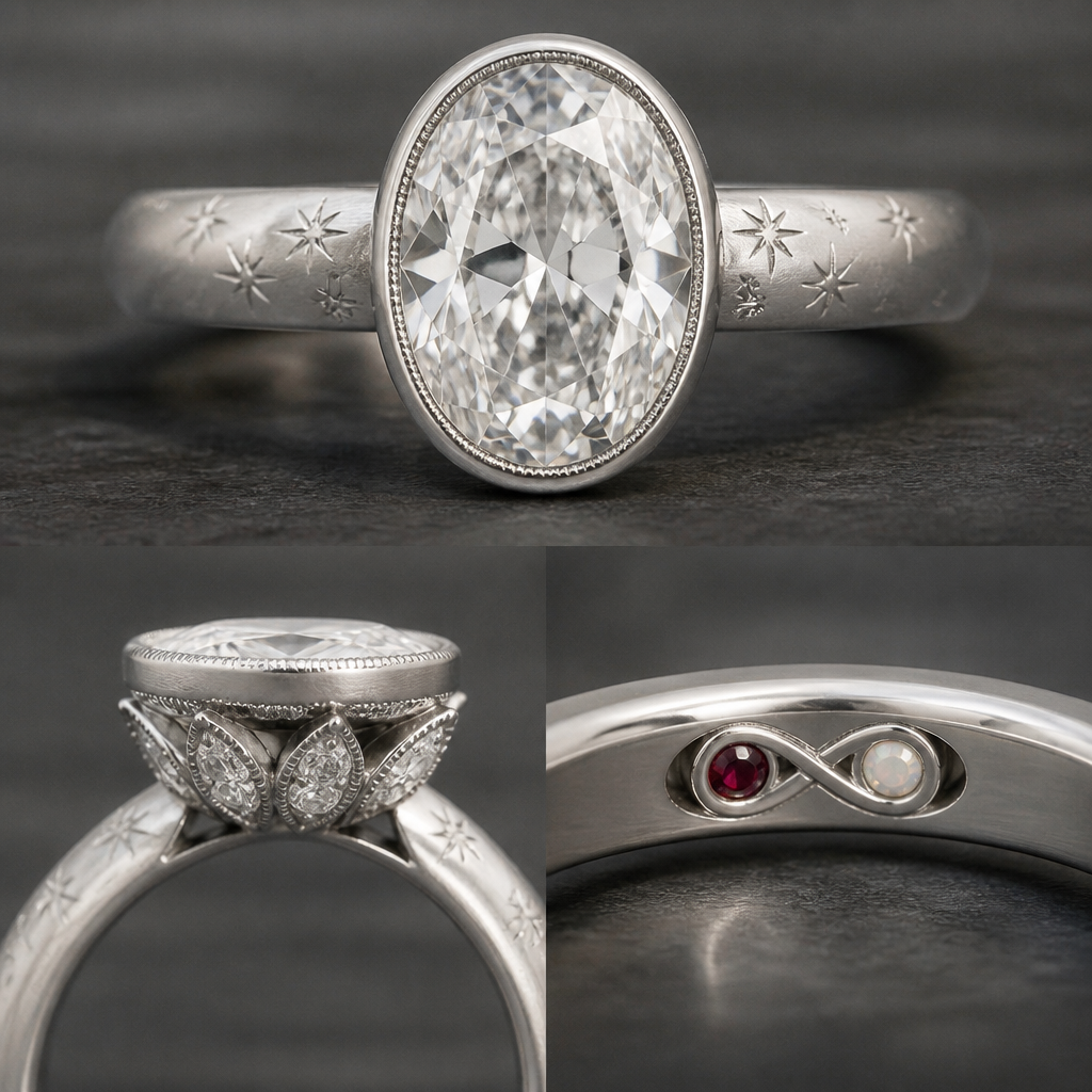 A women's ring. 16×11 mm oval diamond
Fine milgrain full bezel
No visible halo whatsoever from the top (I think this is the right decision—it keeps the oval looking crisp and uninterrupted.)
Hidden halo tucked completely beneath the bezel, visible only from the side if you intentionally look for it.
Six-petal lotus basket with elongated marquise diamonds flowing seamlessly into the shoulders.
4 mm brushed platinum comfort-fit dome band, tapering gently to about 3 mm at the base.
Soft euro shank for stability.
Sparse celestial engraving only on the upper shoulders, fading away as the band descends.
A deeply personal bridge engraving ♾️ with garnet and opal in each circle
photorealistic jewelry design, A women's ring. 16×11 mm oval diamond
Fine milgrain full bezel
No visible halo whatsoever from the top (I think this is the right decision—it keeps the oval looking crisp and uninterrupted.)
Hidden halo tucked completely beneath the bezel, visible only from the side if you intentionally look for it.
Six-petal lotus basket with elongated marquise diamonds flowing seamlessly into the shoulders.
4 mm brushed platinum comfort-fit dome band, tapering gently to about 3 mm at the base.
Soft euro shank for stability.
Sparse celestial engraving only on the upper shoulders, fading away as the band descends.
A deeply personal bridge engraving ♾️ with garnet and opal in each circle, modern style, just the design no text